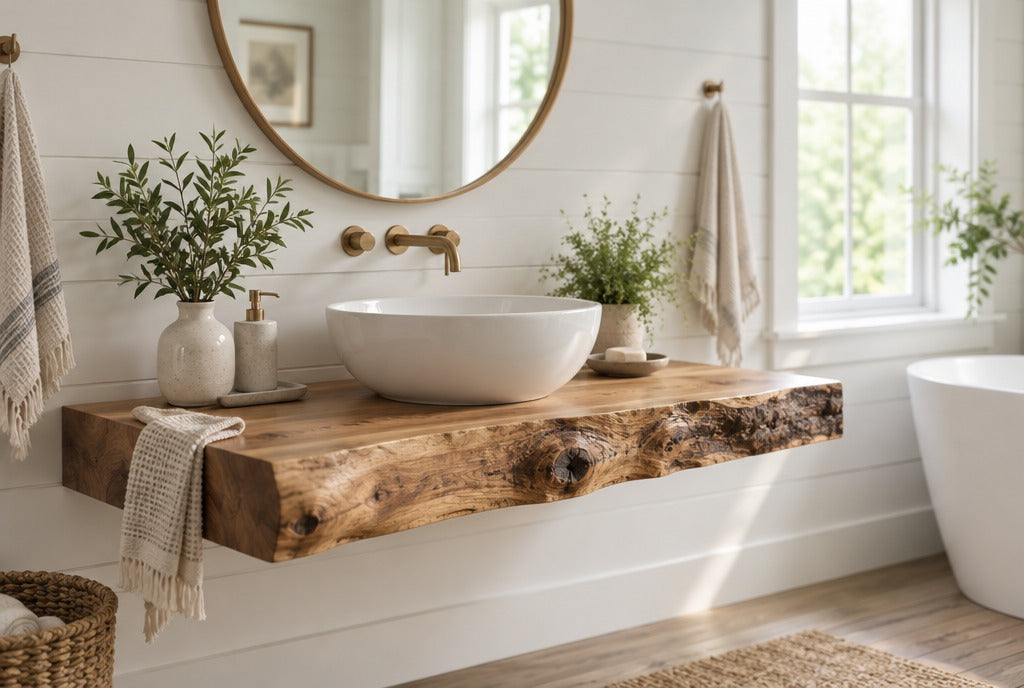 A live-edge solid wood floating bathroom vanity with a vessel sink and a round mirror in a bright farmhouse bathroom
