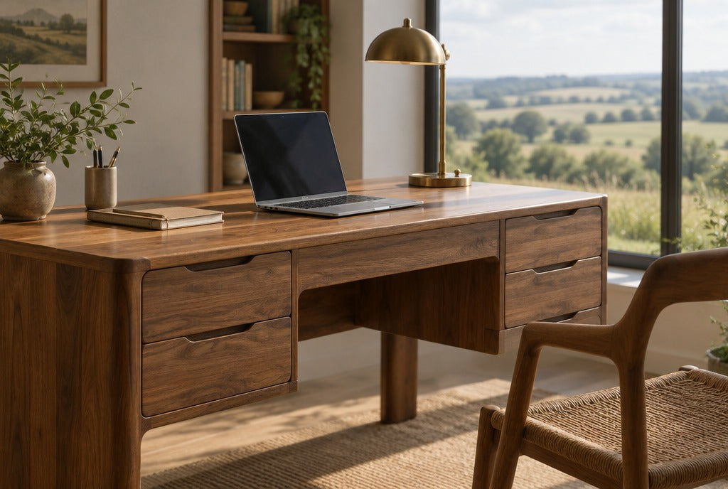 A sculpted solid wood desk with drawers, a laptop and a brass lamp in a sunny home office with a view of fields