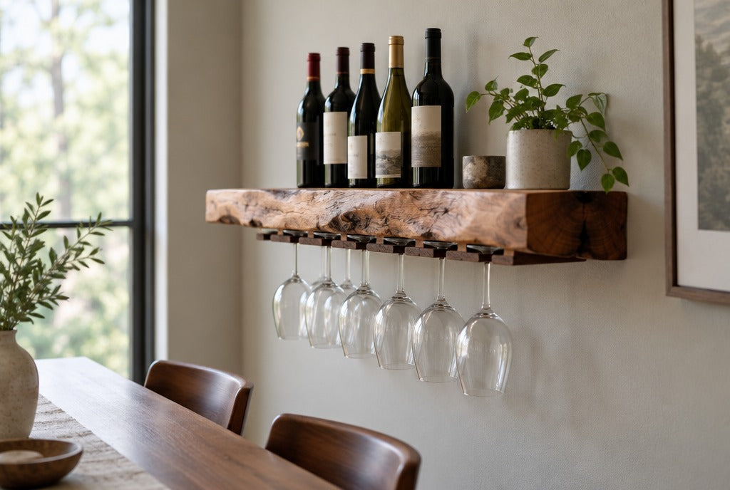 A live-edge solid wood floating wine shelf with bottles and stemware hanging below on a dining room wall