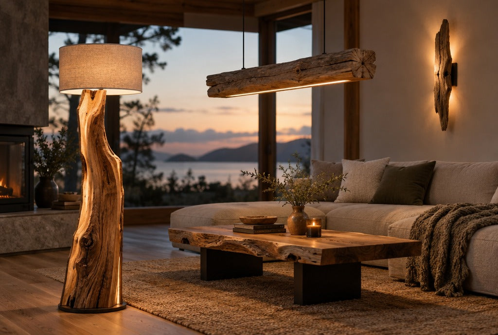 A sculpted live-edge wood floor lamp, a log beam pendant and a driftwood wall sconce glowing in a cozy living room at dusk