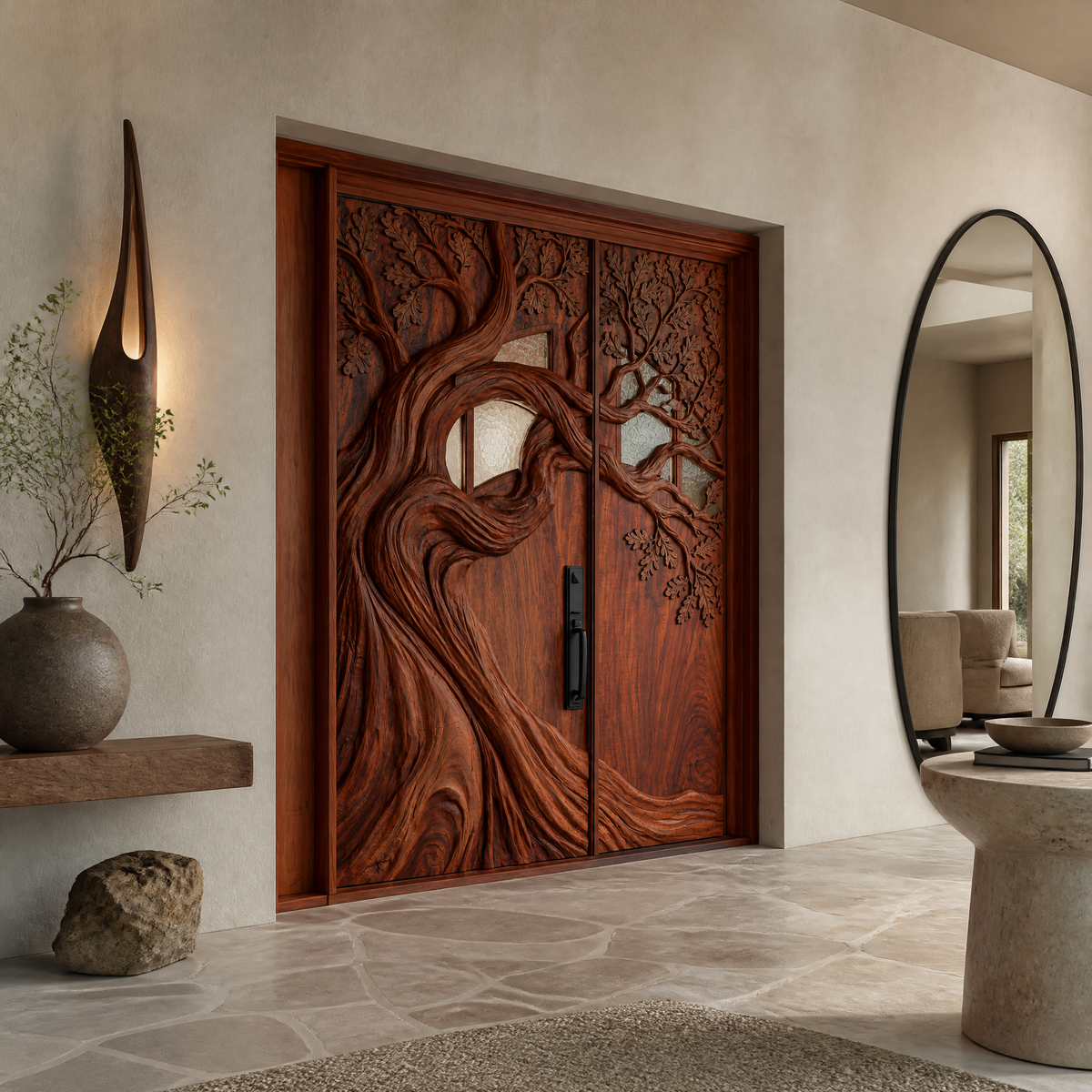 Aurelthorn Sculpted Solid Wood Single Door With Panel