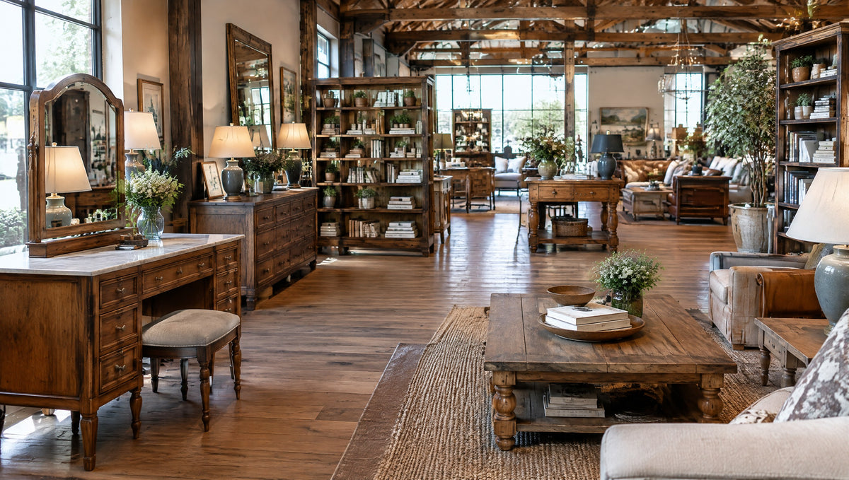 Inside a country store-style furniture hall with newly built vintage-inspired solid wood pieces
