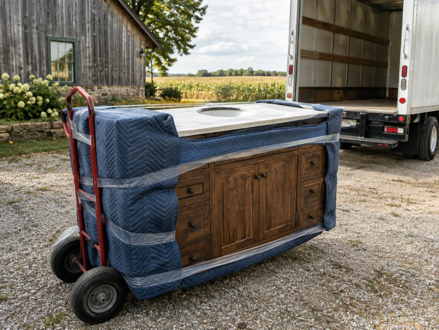A blanket-wrapped solid wood vanity on a hand truck beside a box truck in rural Illinois