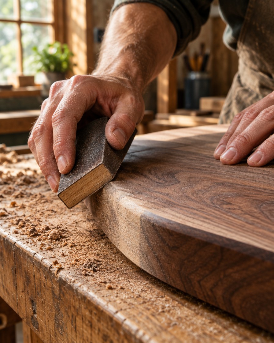 Hands sanding the curved edge of a walnut board