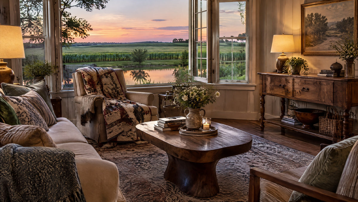 An Illinois farmhouse living room with a vintage-inspired solid wood console and sculpted coffee table